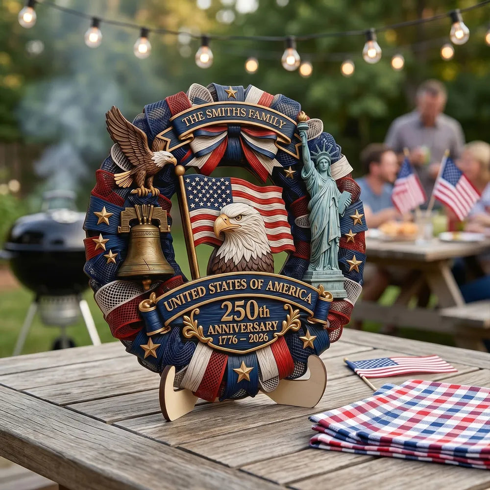 USA 250th Anniversary Wooden Plaque - Eagle Liberty Bell Decor