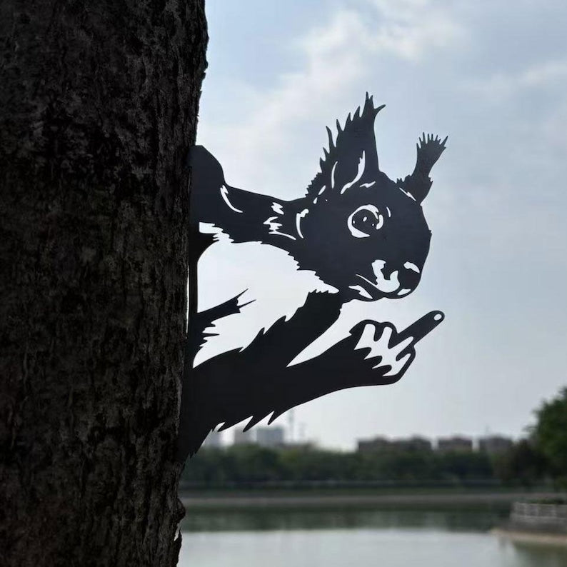 Peeping middle finger squirrel metal sign, squirrel garden metal, outdoor metal art