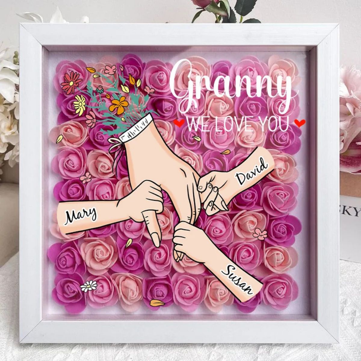 Grandma We Love You - Personalised Flower Shadow Box With Name