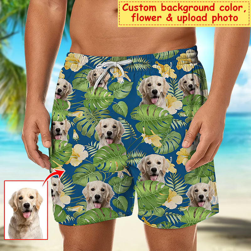 Custom Photo Dog Cat Hawaiian Shorts Tropical Plant Men Beach Shorts