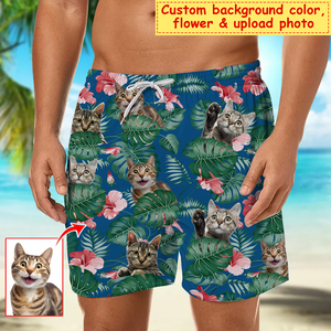 Custom Photo Dog Cat Hawaiian Shorts Tropical Plant Men Beach Shorts