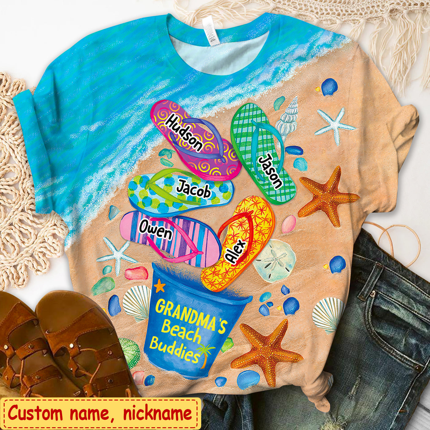 Grandma's Beach Buddies Summer Flip Flop Personalized 3D T-shirts