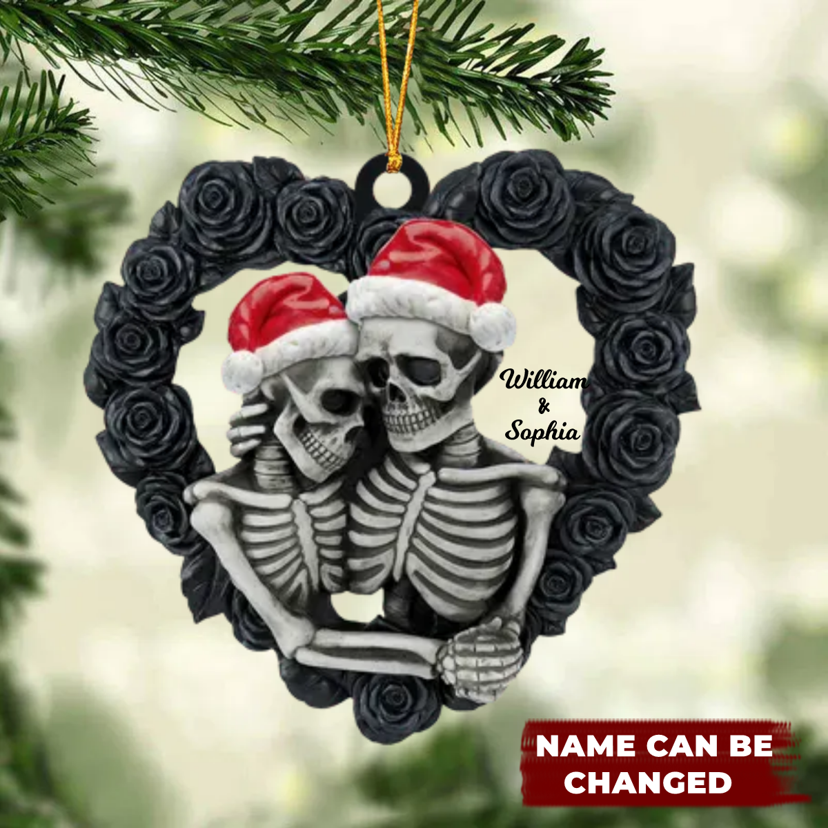 Black Rose Heart Shape - Personalized Skeleton Couple Flat Ornament, Christmas Tree Decor