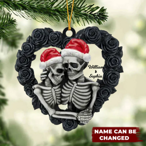 Black Rose Heart Shape - Personalized Skeleton Couple Flat Ornament, Christmas Tree Decor