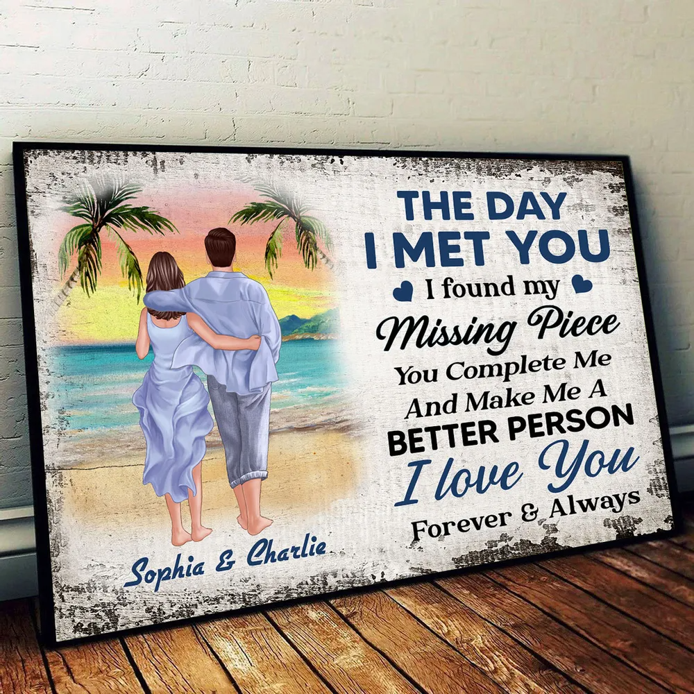 The Day I Met You Back View Couple Walking On The Beach Personalized Horizontal Poster