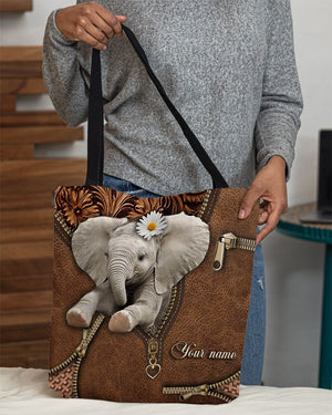 Personalized Elephant Zipper Pattern Brown All Over Tote Bag