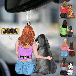 Personalized girl Sitting With Dog Acrylic Car Hanging Ornament