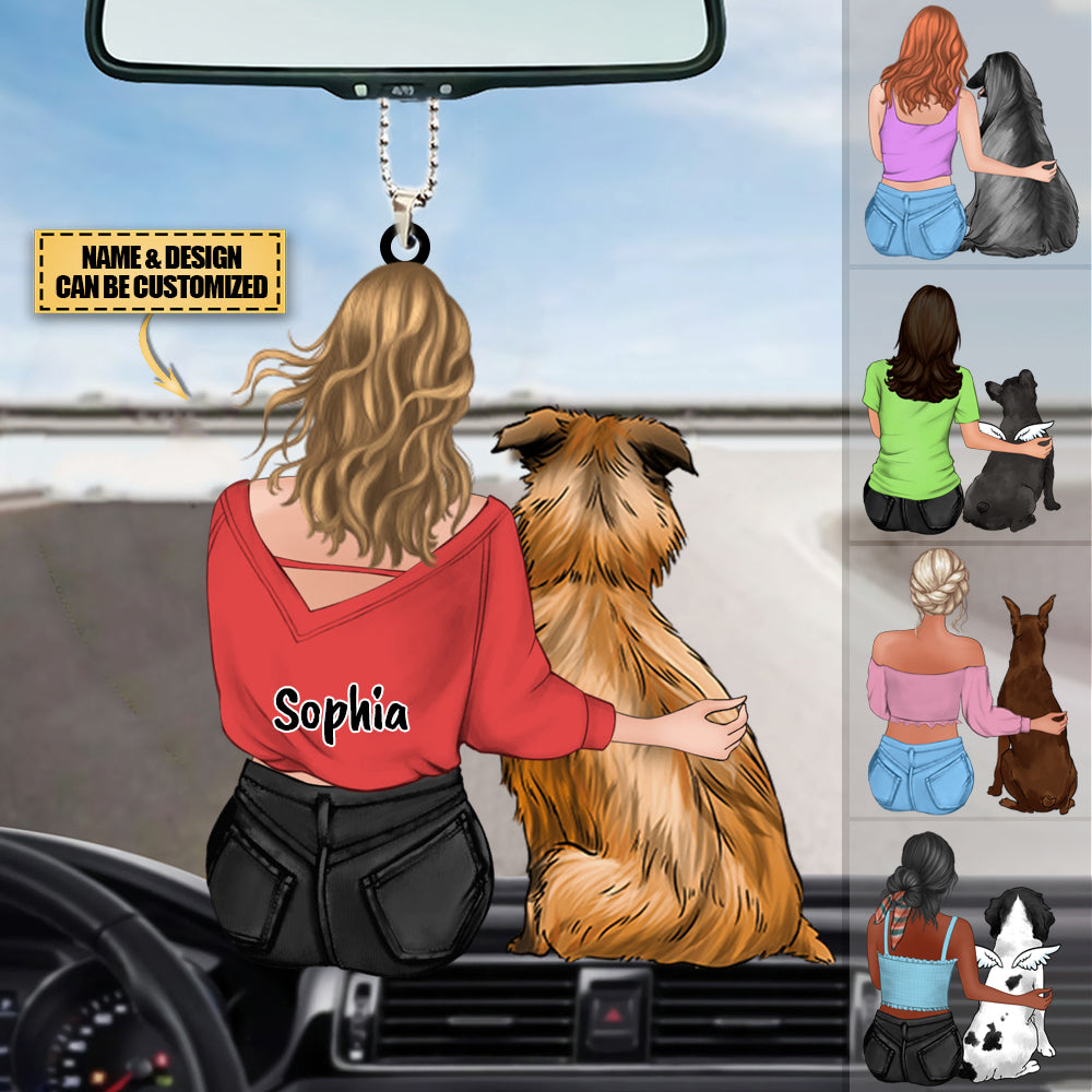 Personalized girl Sitting With Dog Acrylic Car Hanging Ornament