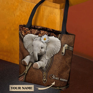 Personalized Elephant Zipper Pattern Brown All Over Tote Bag