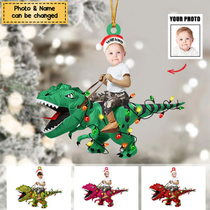 Personalized Cute Kid Rides The Dinosaurus Christmas Light Ornament