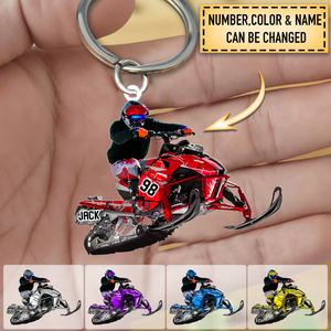 Personalized Snowmobile Rider Jumping Through Snow Acrylic Keychain