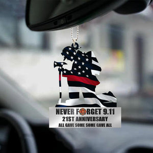 Kneeling Firefighter Never Forget 9.11 Acrylic Car Hanging Ornament