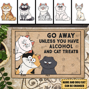 Go Away Unless You Have Alcohol And Cat Treats Funny Cartoon Cat - Gift For Cat Lovers - Personalized Doormat