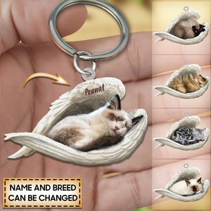 Personalized Stainless Cat Sleeping Angel Keychain - Double Sides Printed