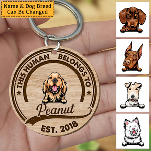 This Human Belongs To Peeking Dogs Personalized Wooden Keychain