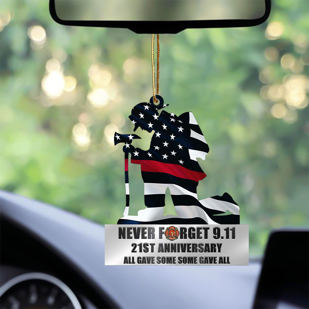 Kneeling Firefighter Never Forget 9.11 Acrylic Car Hanging Ornament