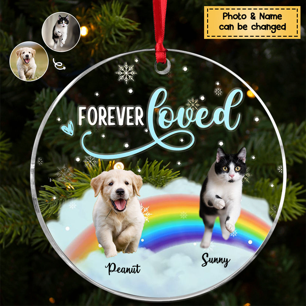 Custom Photo Forever Loved - Christmas Memorial Gift For Dog/Cat Lovers - Personalized Circle Acrylic Ornament