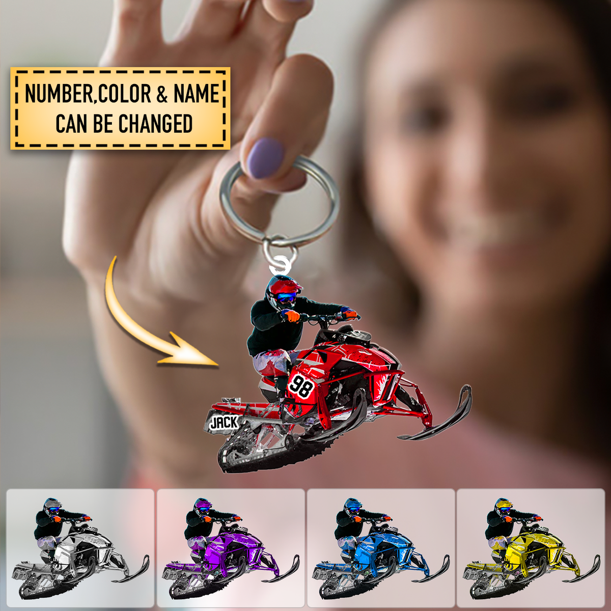 Personalized Snowmobile Rider Jumping Through Snow Acrylic Keychain