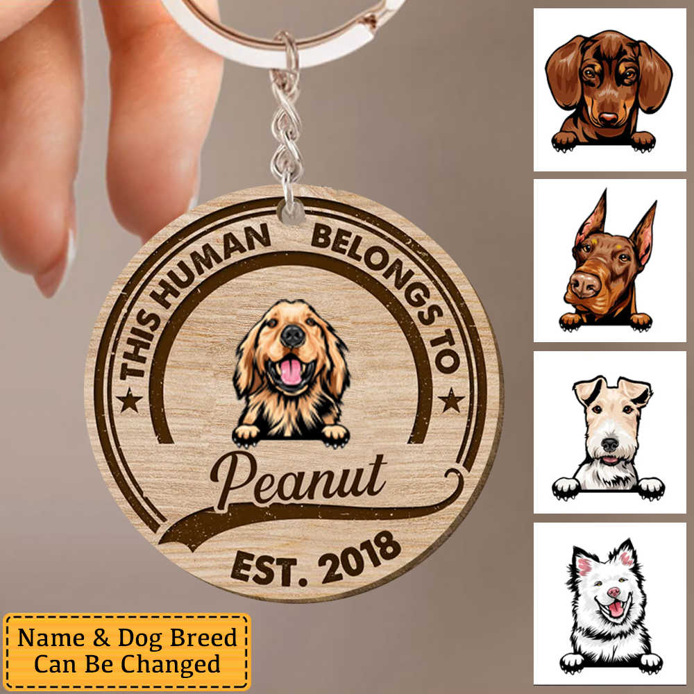 This Human Belongs To Peeking Dogs Personalized Wooden Keychain