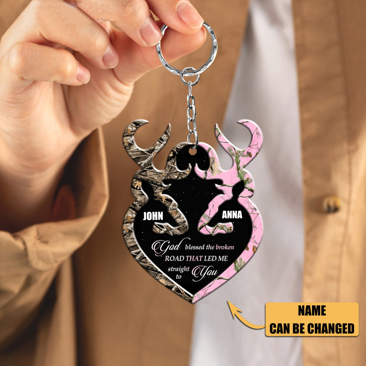 Personalized Buck And Doe Heart God Blessed Acrylic Keychain