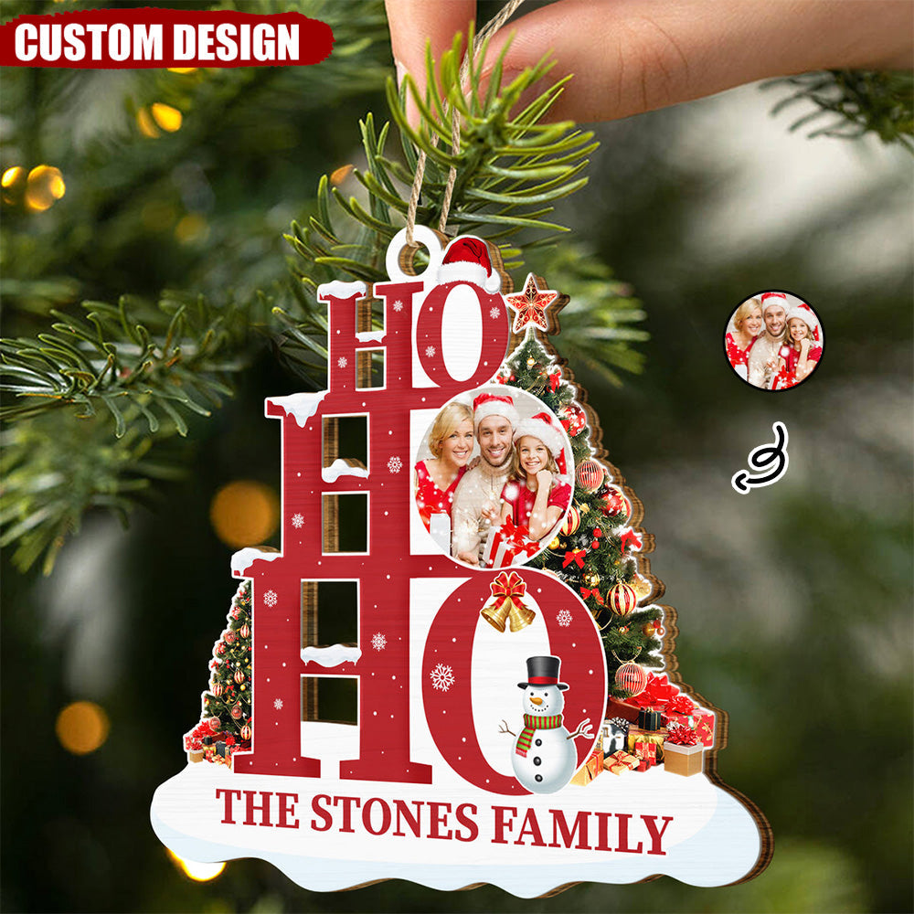 Custom Photo Ho Ho Ho Family - Christmas Gift - Personalized Wooden Cutout Ornament
