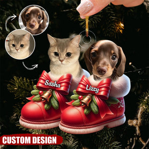 Cute Pet On Christmas Boots Shoes Personalized Photo Acrylic Ornament