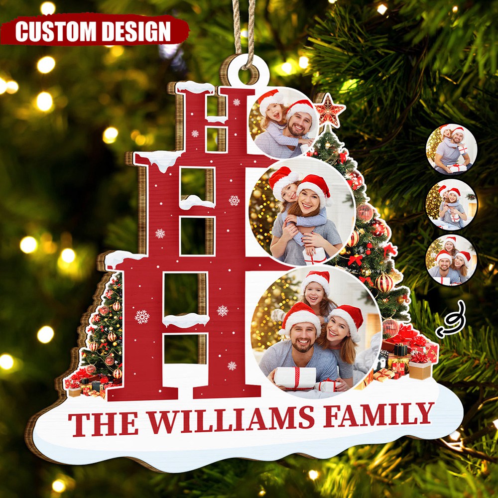 Custom Photo Ho Ho Ho Family - Christmas Gift - Personalized Wooden Cutout Ornament