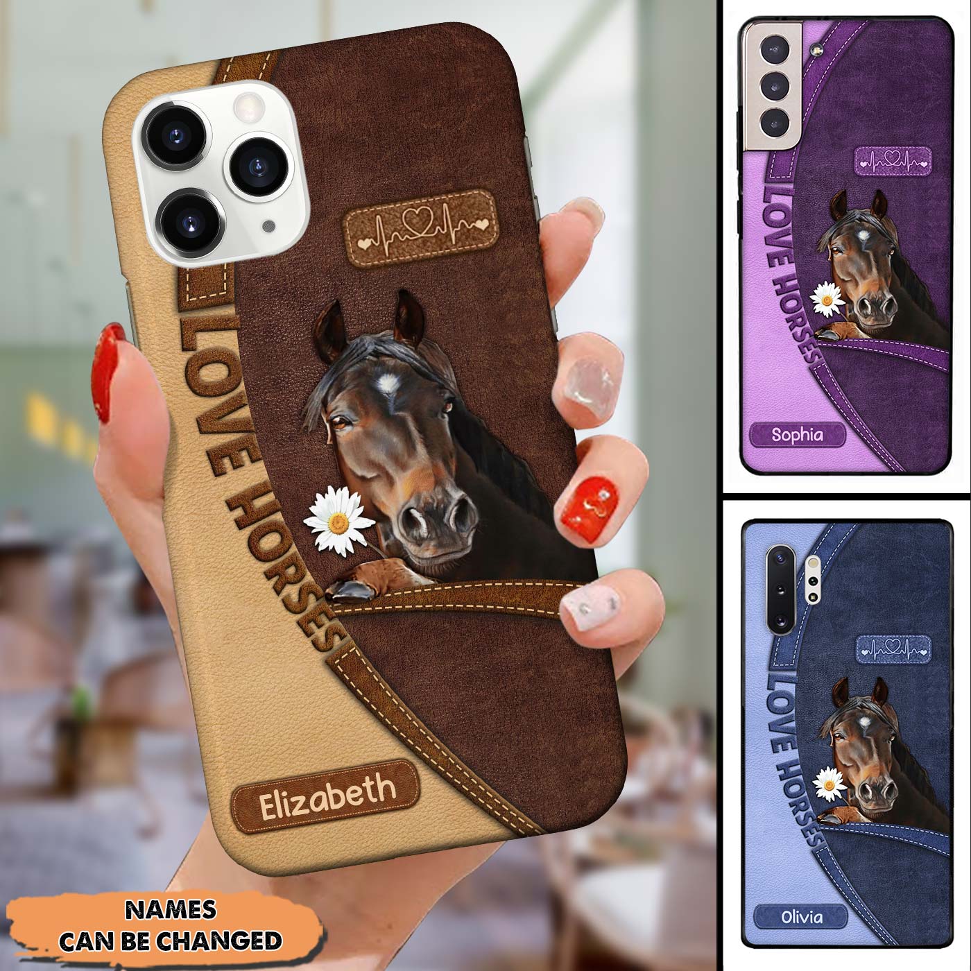 Personalized Love Daisy Horses Custom Name Leather Texture Silicone Phone Case