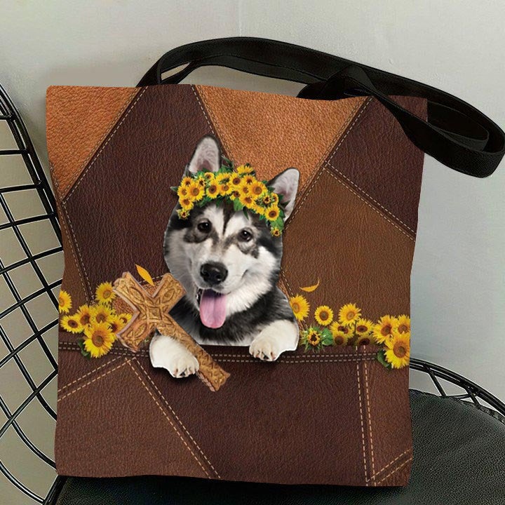 Cute Alaskan Malamute And Cross Tote Bag