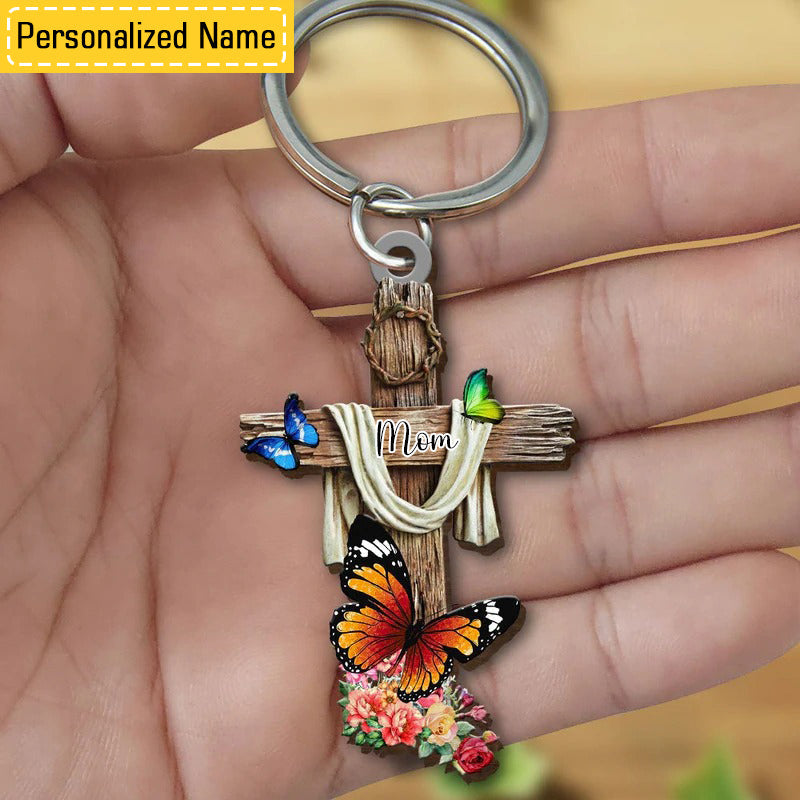 Personalized Memorial Gift Butterfly Cross Keychain