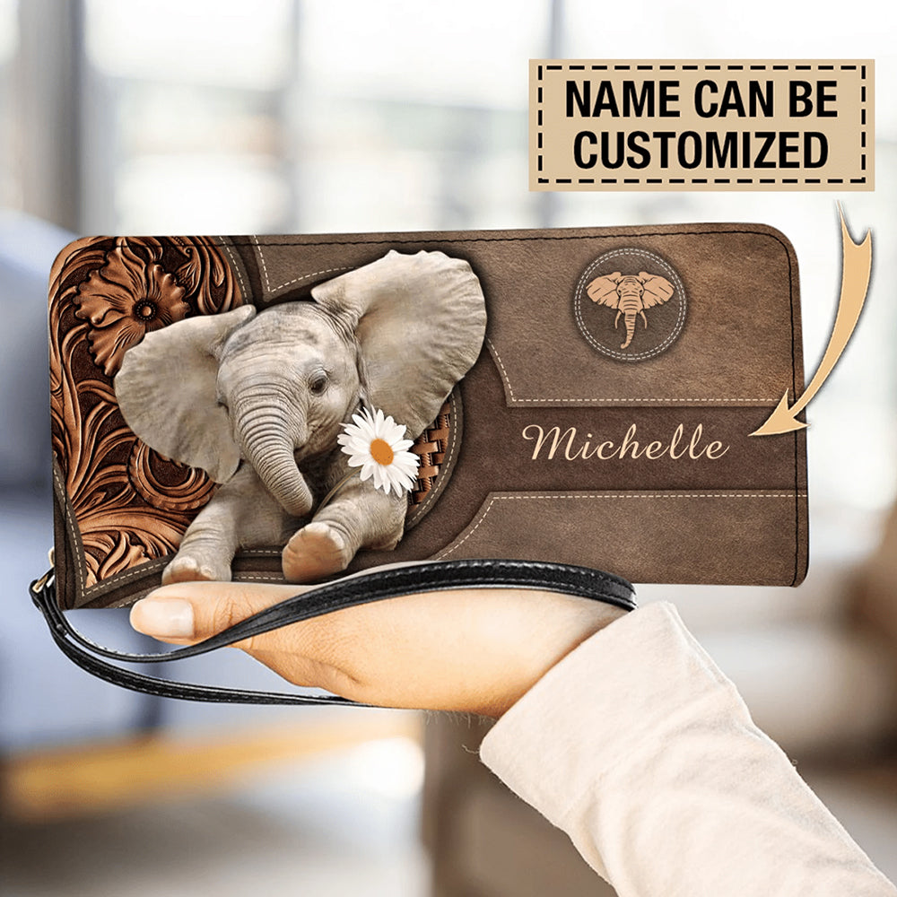 Personalized Cute Elephant Daisy Women Clutch Purse